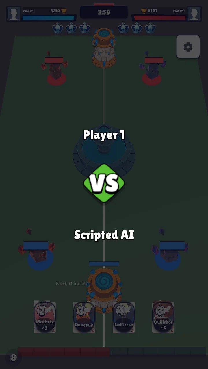 Portrait Nomgar Clash battle showing Player 1 versus Scripted AI, two Guardian lanes, and the enemy Nexus