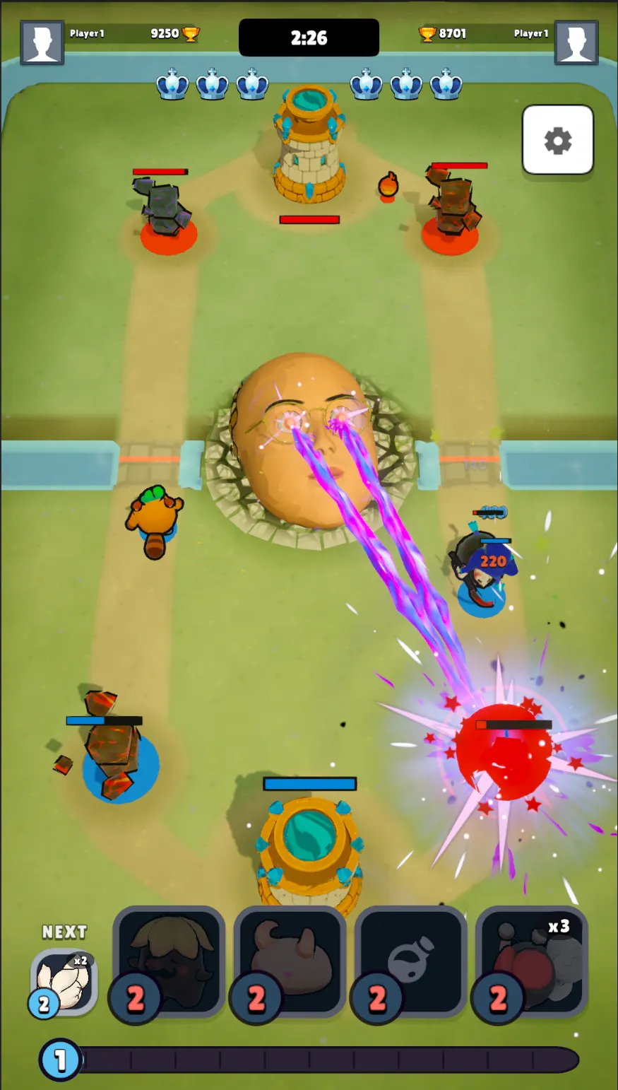 A live Nomgar Clash match: units pushing both lanes, a Nexus tower at each end, Baldtao summoned mid-field firing beams, and a four-card hand with Soul costs along the bottom.